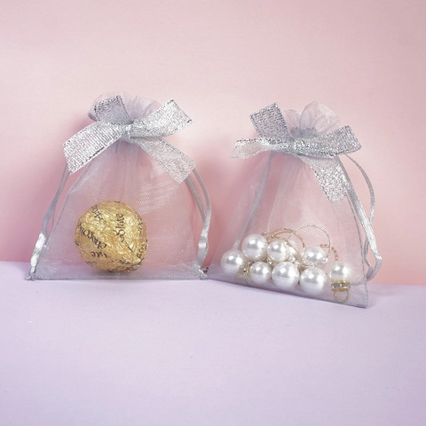 Jewelry Packaging Bags Organza Gauze Drawstring Gift Pouches Silver Glitter Bowknot Translucent Storage Bags Elegant