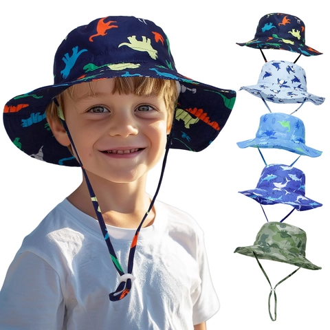 Kids Cartoon Printed Bucket Hat Breathable Quick-Dry Sun Protection Adjustable Wind Rope Beach Hat For Baby Toddler Boys