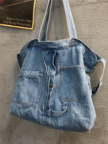 Vintage Denim Tote Bag Große Kapazität Lässige Schulter Umhängetasche Mit Mehreren Taschen Und Reißverschluss Harajuku