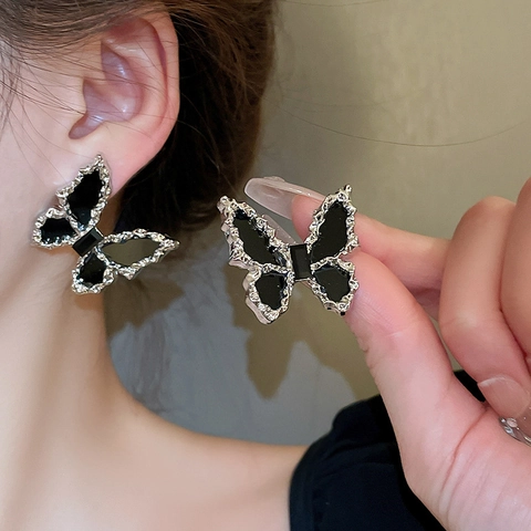Gothic Black Butterfly Jewelry With 925 Sterling Silver Earring Post Stud Earrings Necklace Ring Alloy Textured For Women