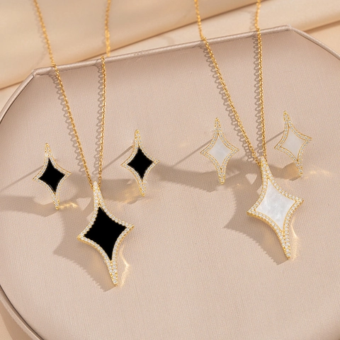 18K Gold Plated Copper Necklace And Earrings Four Pointed Star Rhombus Geometric Shell Rhinestone Jewelry For Women