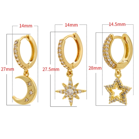 Mode Messing 18K Vergoldete Creolen Mit Zirkon Mond Stern Anhänger Minimalistischer Schmuck Für Damen