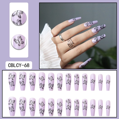 Lavendel Lila Aufklebbare Nägel Lange Sargform Ballerina Schwarz Schmetterling Muster Künstliche Nägel Elegant