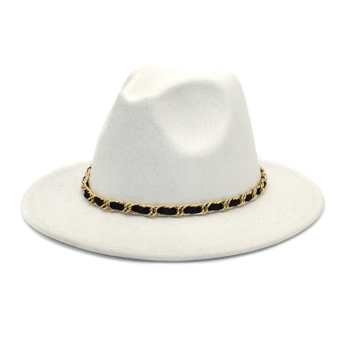 Wide Brim Fedora Hat Cotton Polyester Blend Gold Chain Decor Vintage Style Outdoor Sunshade Unisex