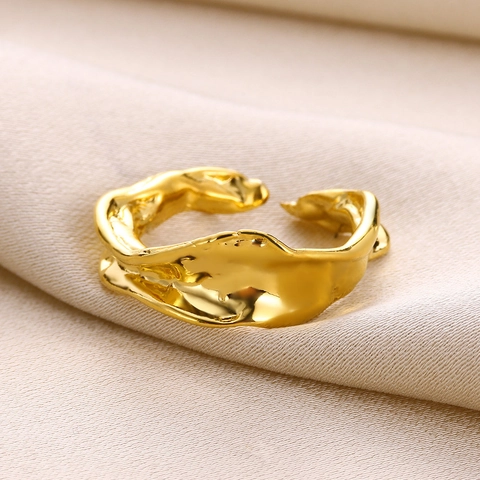 Irregular Lava Stainless Steel Rings Heart Hollow Wings Gold Plated Open Adjustable Band For Women Fashion Jewelry