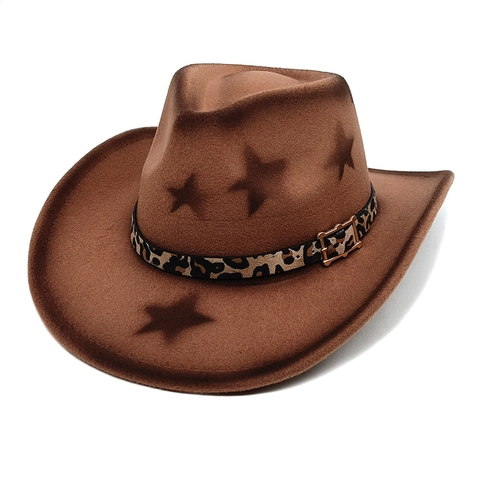 Western Cowboy Hat Cotton Polyester Wide Brim Star Pattern Leopard Belt Fedora For Men Women