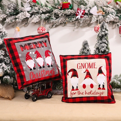Fundas De Almohada De Gnomo De Navidad De Algodón Y Lino Borde De Cuadros Cremallera Invisible Decoración Hogar Festiva