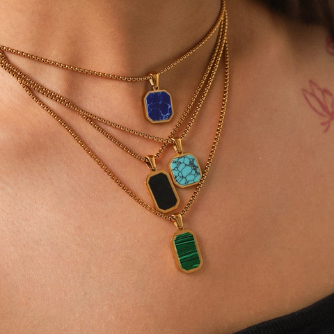 Collana Pendente Quadrato Ottagonale Geometrico Acciaio Inossidabile Placcato Oro Pietra Incastonata Catena Scatola Donne