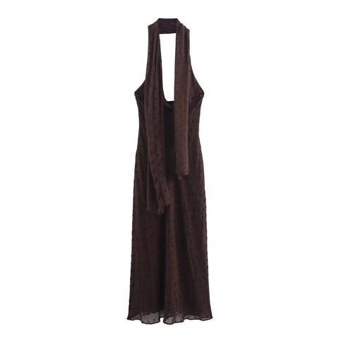 Polka Dot Maxikleid Chiffon Neckholder Tiefer V-Ausschnitt Rückenfrei Mit Schal Sexy Sommerurlaub Elegant Damen