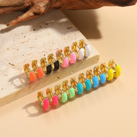 Colorful Enamel Huggie Hoop Earrings Gold Plated Copper Fashion Minimalist Round Jewelry For Women Dopamine Vibrant Style
