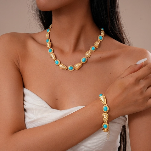 Collana Lunga Maglione Geometrica Vintage Lega Turchese Sintetico Triangolo Ovale Colore Contrasto Stile Palazzo Donna
