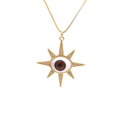 Collier Pendentif Mauvais Œil En Cuivre Étoile Solaire Zircon Incrusté Chaîne Box Plaquée Or Bijoux Spirituels