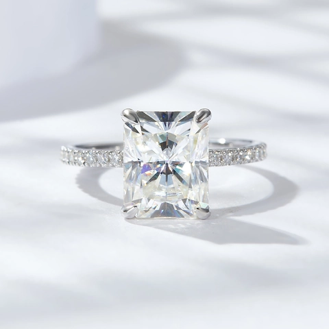 Luxury Radiant Cut Moissanite Ring 925 Sterling Silver Pave Band Engagement Wedding Ring For Women Fine Jewelry