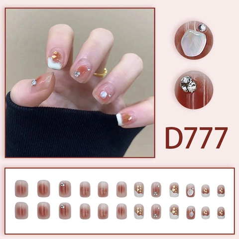 French Blush Gradient Press On Nails With Rhinestones Shell Gold Foil Short Square Sweet Elegant