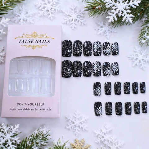 Christmas Press On Nails Black White Snowflake Glitter Long Square ABS False Nails For Women Winter Holiday