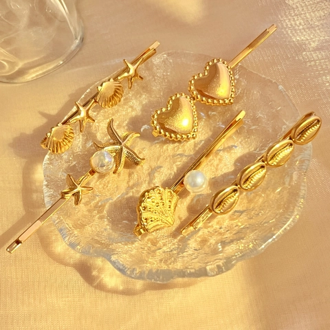 Pinzas Para El Cabello De Acero Inoxidable Oro Estrella De Mar Concha Corazón Perla Artificial Tema Océano Elegantes Horquillas Dulces Para Mujeres