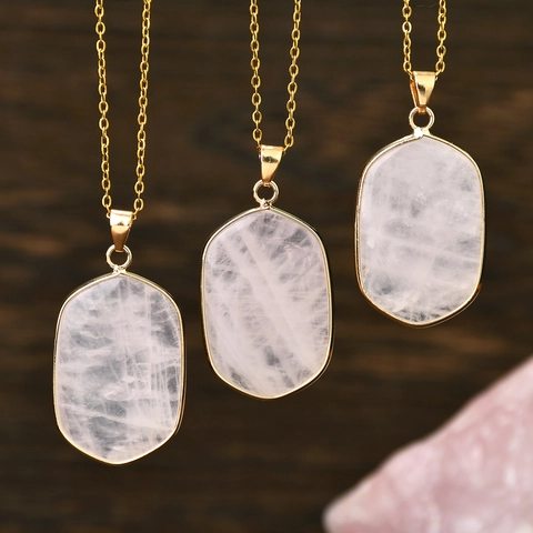 Vintage Natural Rose Quartz Pendant Necklace Stainless Steel Gold Plated Geometric Pink Crystal Chain Necklace Jewelry Women