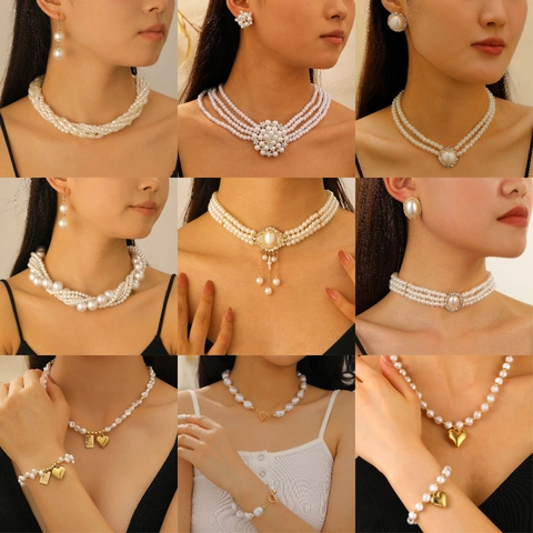 Joyas Collar Pulsera Pendientes Perlas Artificiales Multicapa Vintage Para Mujer Aleación Strass Colgante V Accesorios Elegantes