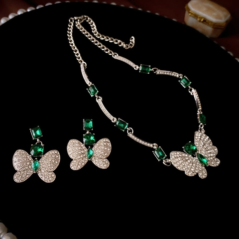 Schmetterling Anhänger Halskette Und Ohrringe Mit Silber Earring Post Grün Smaragd Edelstein Rhinestone Vintage Französischen Stil Für Frauen