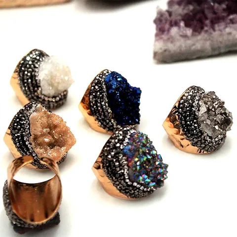 Natural Agate Druzy Ring Gold Plated Hammered Adjustable Open Band Rhinestone Geode Statement Jewelry Women
