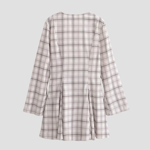 Kariertes Langarm Mini Kleid V Ausschnitt Hohe Taille A Linie Gingham Muster Mode Lässig Für Frauen