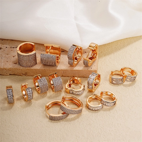 Gold Plated Copper Rhinestone Hoop Earrings For Women Fashion Geometric Heart Shaped Ear Buckle Luxury Jewelry Accessory