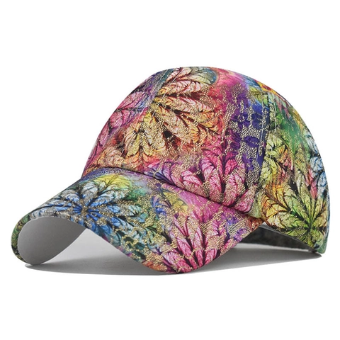 Cappello Da Baseball Con Stampa Floreale Paillettes Lucido Motivo A Foglie Regolabile Cappello Da Sole Retro Streetwear