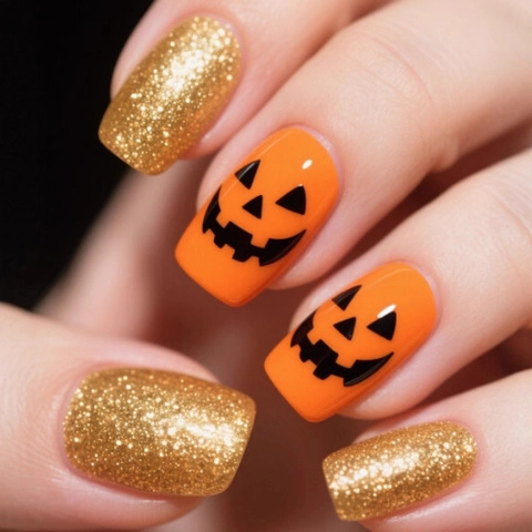 Unghie Finte Halloween Arancione Viso Zucca Glitter Oro Quadrate Medie Unghie In ABS Per Donne