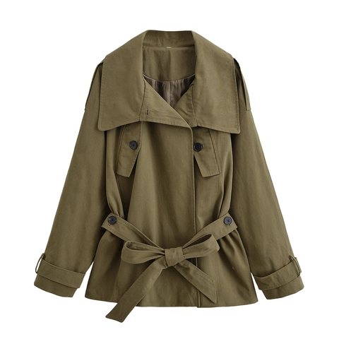 Giacca Donna Verde Militare Colletto Alla Marinara Con Cintura Zip Twill Capospalla Casual