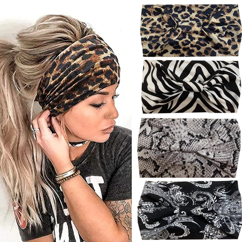 Wide Elastic Headbands For Women Bohemian Paisley Leopard Print Floral Cotton Blend Yoga Sports Hair Bands