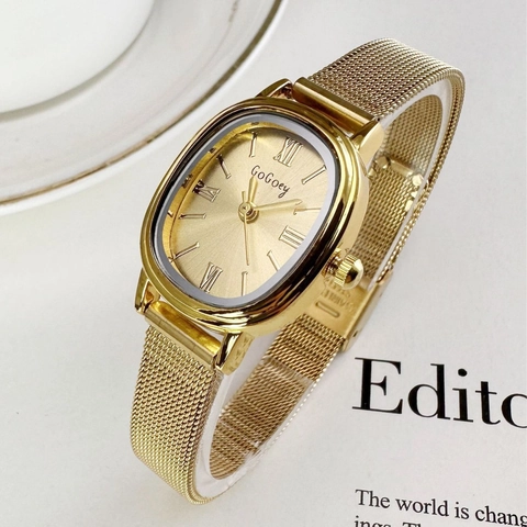 Women Quartz Watch Vintage Elegant Oval Dial Stainless Steel Mesh Band Roman Numerals Analog Casual Wristwatch Gift