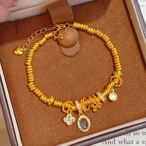 Pulsera De Cuentas De Cobre Chapada En Oro Vintage Con Trébol De Diamantes De Imitación Y Dijes De Gema Ovalada Para Mujer