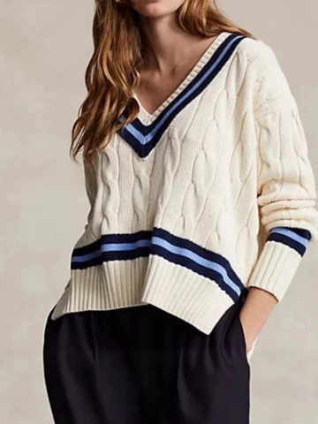 Maglione In Maglia A Trecce Da Donna Scollo A V Finitura A Righe Stile Preppy Manica Lunga Casual Poliestere