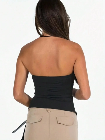 Damen Y2K Sexy Trägerloses Bandeau Top Polyester Geraffter Kordelzug Seite Asymmetrischer Saum Sommer Streetwear Party Crop Top