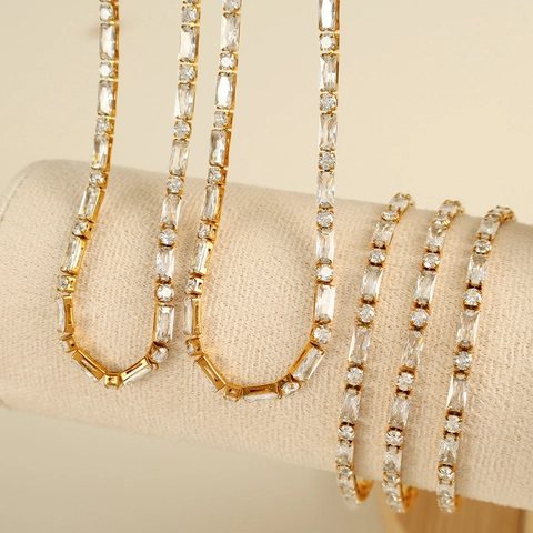 Tennis Necklace And Bracelet Jewelry Stainless Steel Gold Plated Baguette Round Zircon Women Fashion Accessory
