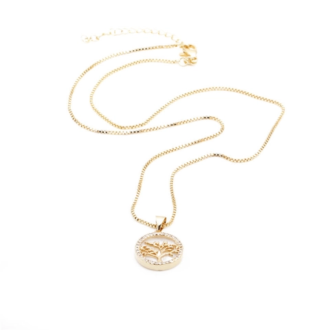 Collar Con Colgante De Árbol De La Vida Cobre Circonita Incrustada Color Oro Cadena De Caja Joyería Elegante De Concha Para Mujeres