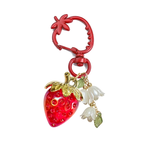 Cute Strawberry Shape Keychain Resin Glitter Pendant Zinc Alloy Heart Clasp Lily Of The Valley Daisy Rabbit Bag Charm