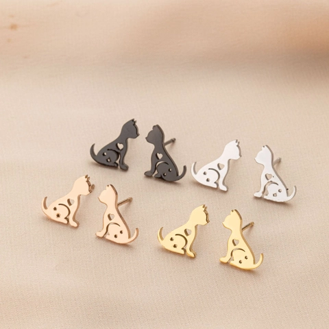 Stainless Steel Cat Stud Earrings For Women Cute Hollow Heart Star Animal Design Minimalist Gold Silver Black Ear Jewelry