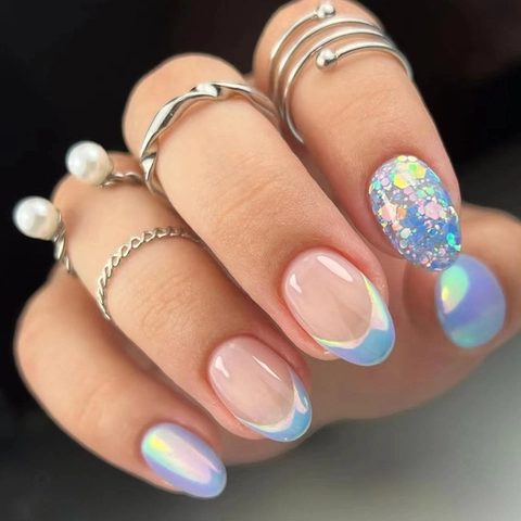 Faux Ongles Press On Aurora Bleu Rose Ovales Transparents Paillettes Été Style Minimaliste Pour Femmes