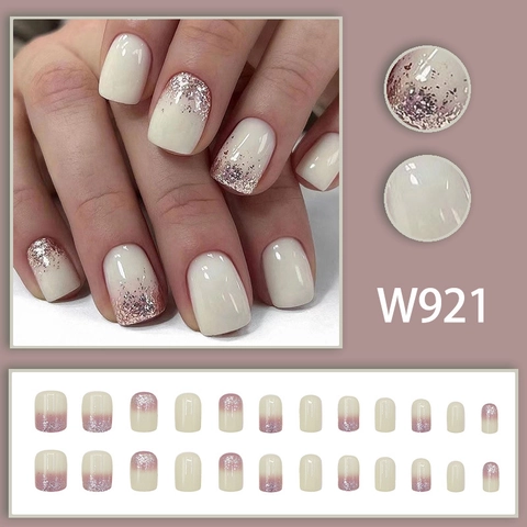 French Style Milky White Glitter Ombre Press On Nails Short Square Round Glossy Sweet False Nails For Women