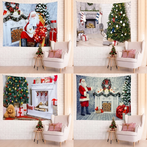 Tapiz De Navidad Para Colgar En La Pared Poliéster Chimenea Árbol De Navidad Patrón Festivo Hogar Sala Dormitorio Decoración