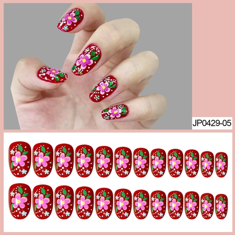 Rote Florale Künstliche Nägel Zum Aufkleben ABS Vintage Französischer Stil Oval Rund Form Vollabdeckung Glänzend Süß