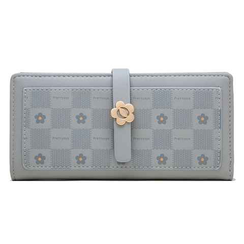 Damen Geldbörse Lang PU Leder Karo Blumenverschluss Multifunktional Kartenhalter Clutch