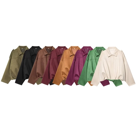 Dames Cropped Faux Suede Jas Vintage Revers Bomberjack Lange Mouwen Elastische Zoom Casual Mantel Schouderstukken