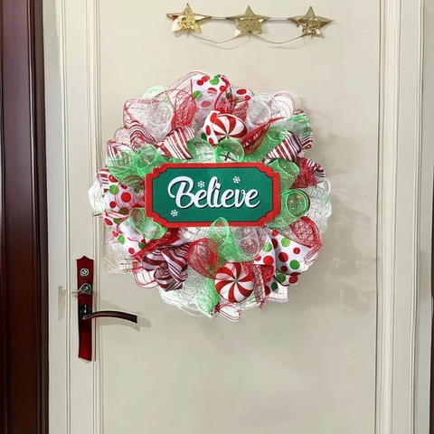 Weihnachts Kranz Believe Schild Rot Grün Weiß Mesh Band Tür Wand Dekoration Festliches Feiertags Party Ornament