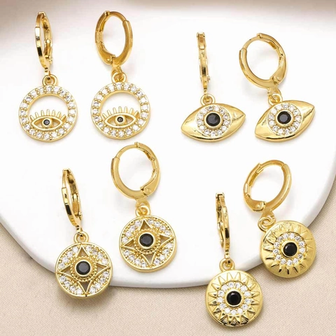 Mode Koperen Boze Oog Hanger Oorbellen Verguld Zirconia Zon Ster Patroon Vintage Sieraden Voor Vrouwen Feest Cadeau