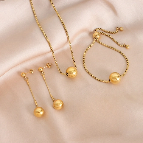 Minimalist 18K Gold Plated Stainless Steel Round Ball Necklace Adjustable Bracelet Drop Earrings Jewelry For Women