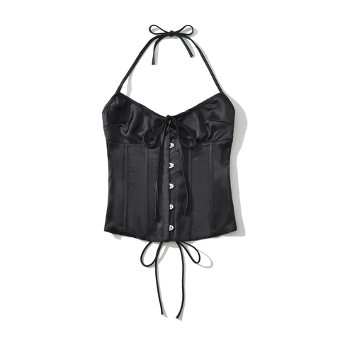 Top Corsetto Halter In Satin Da Donna Sexy Slim Fit Bottoni Frontali Allacciato Canotta Corta Clubwear Streetwear Moda