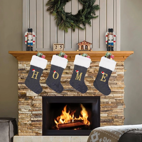 Calza Di Natale Lettera Alfabeto Glitter Dorato Velluto Grigio Polsino Peluche Bianco Decorazione Sospesa Sacchetto Regalo