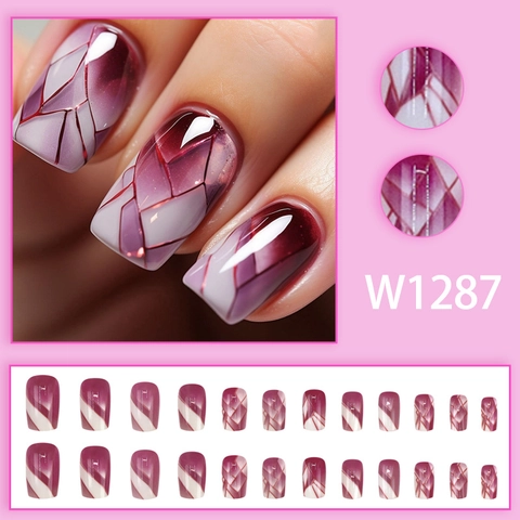 Geometric Pattern Glossy Press On Nails Purple White Wine Red Square Medium Length Trendy False Nails For Women